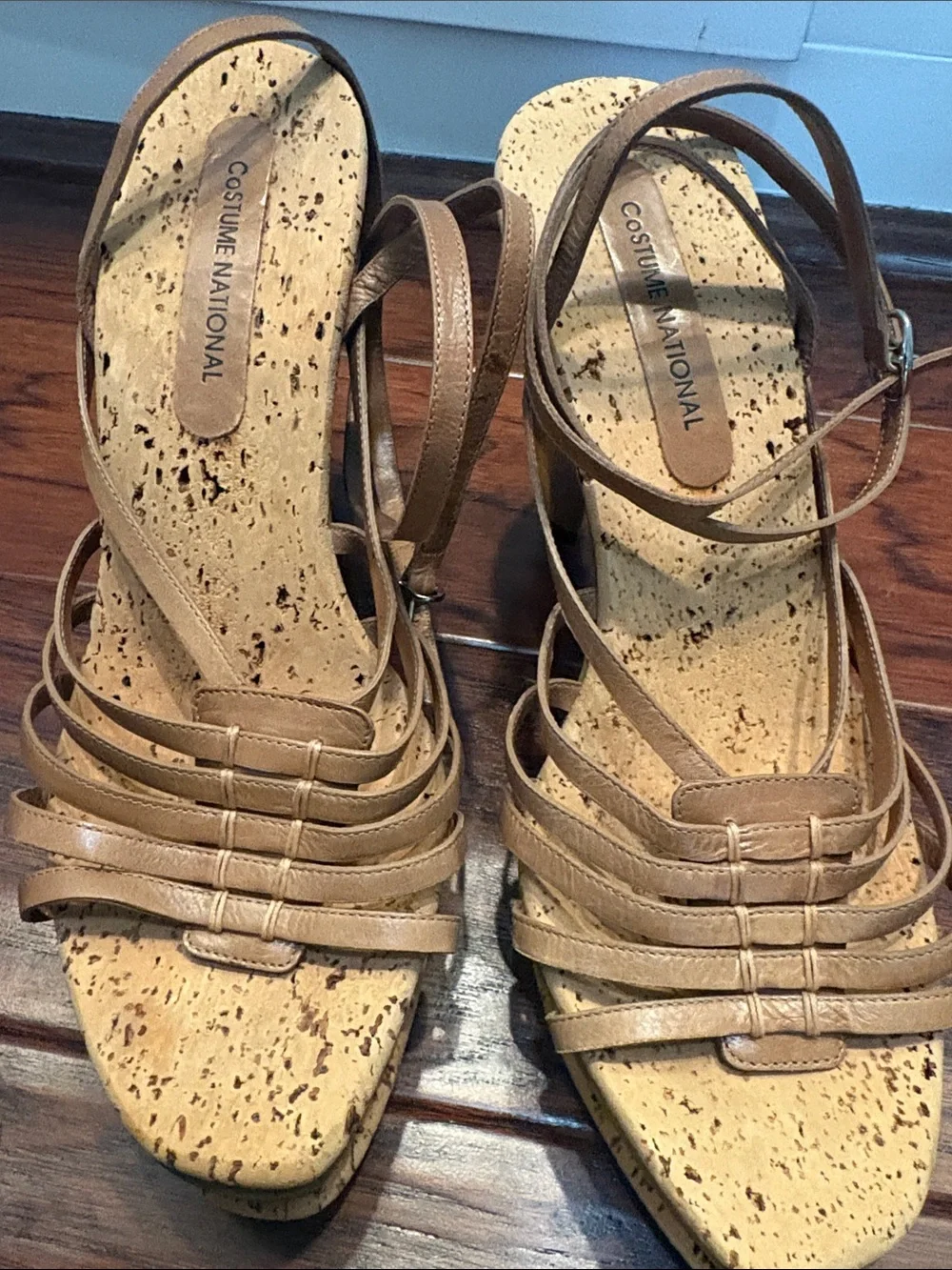 CNC Costume National Tan Strappy Cork Platform Wedges